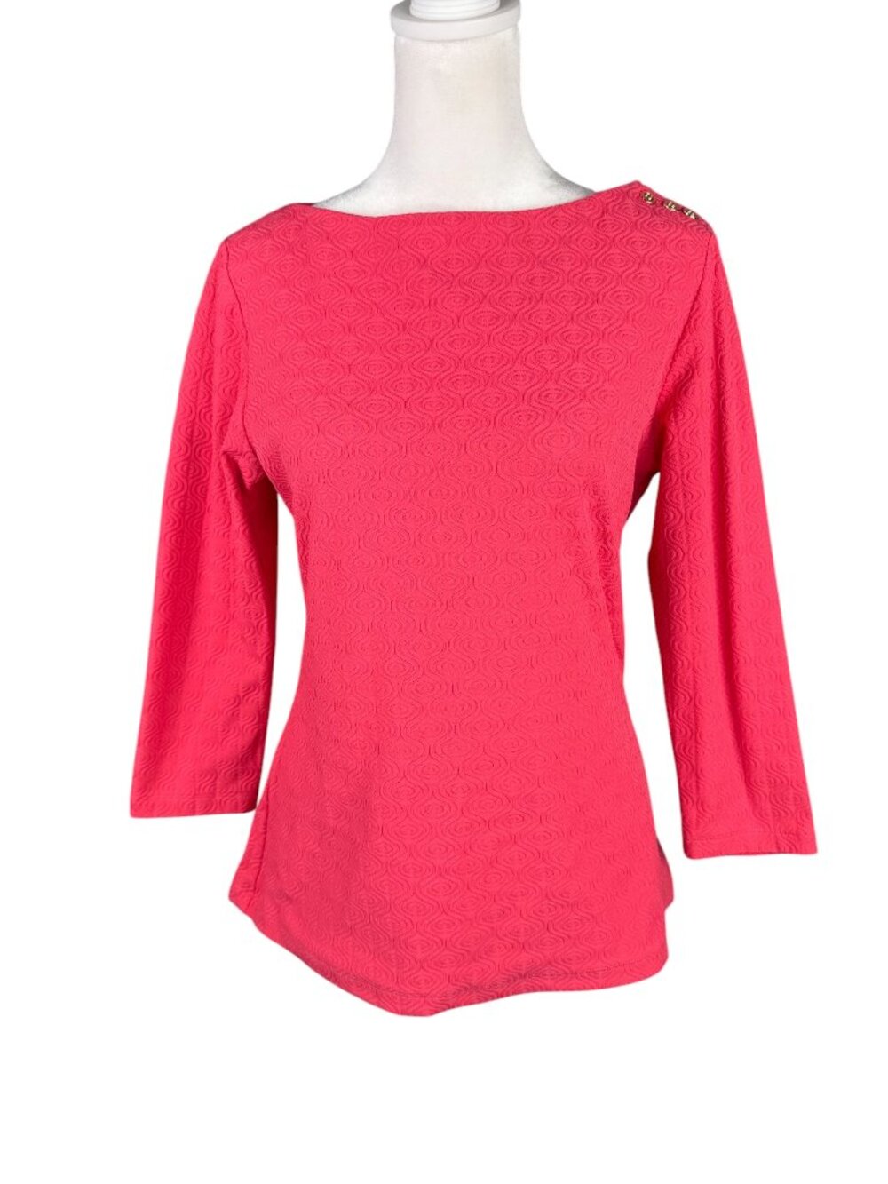 J.McLaughlin S Textured Knit Top Coral Pink 3/4 Sleeve Shoulder Buttons